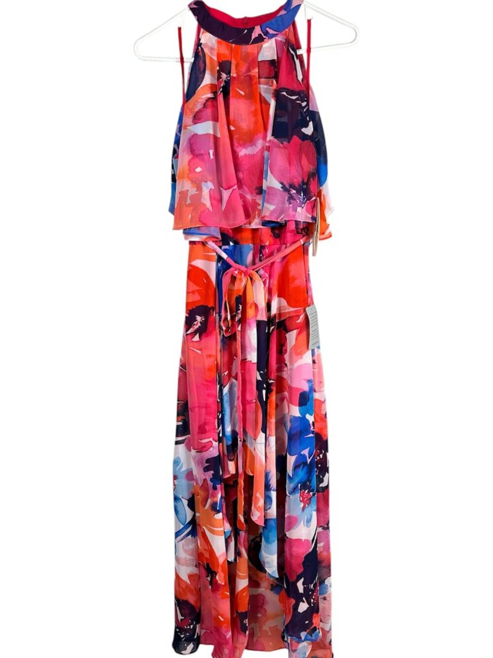ELIZA J Flowy Vibrant Watercolor Pink Floral Halter High Low Maxi Dress 12 NWT